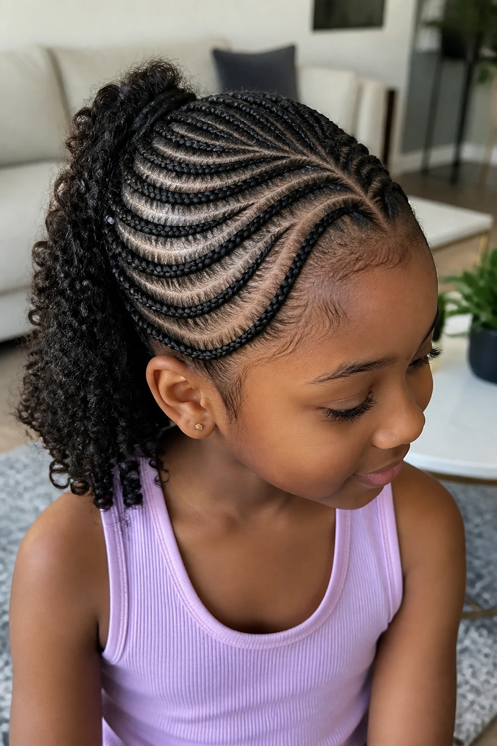 Portrait of a girl with curved cornrows and curly ends in bright room