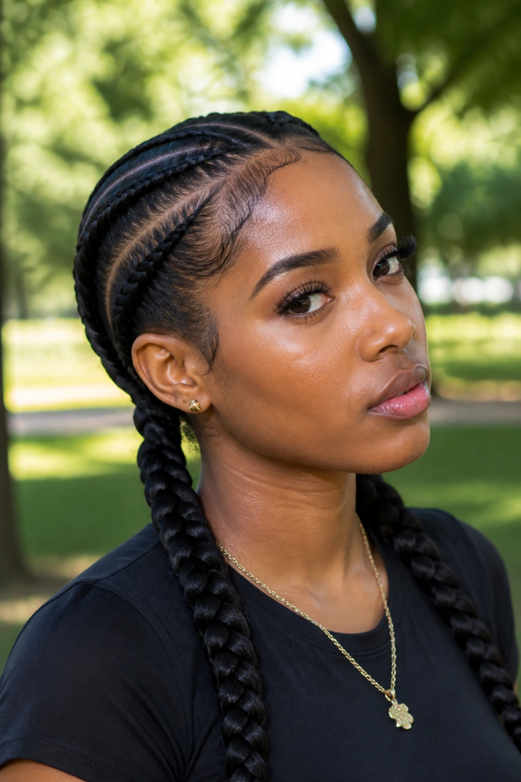 Real person with curved cornrow two braids in an outdoor park setting