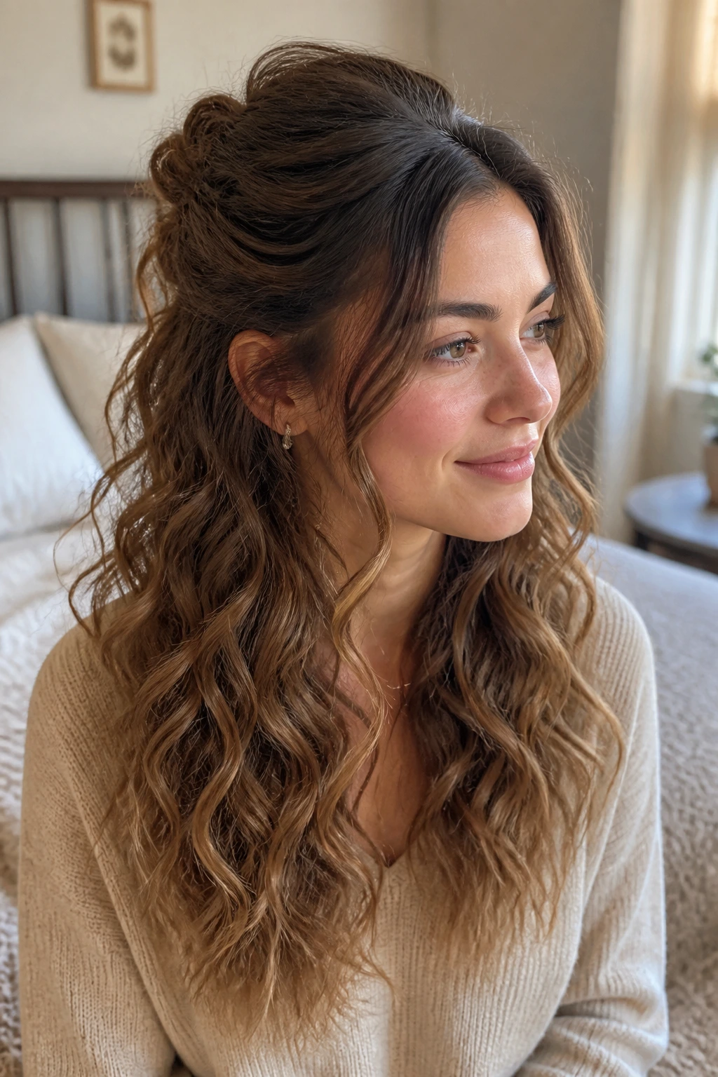 Real woman with curved curl-set half-up hairstyle and mid-length curls
