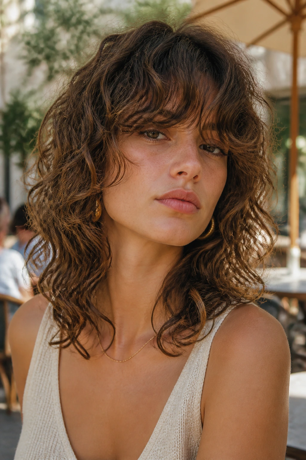 Close-up portrait of a real woman with curved curl shag and fringe grazing lashes.