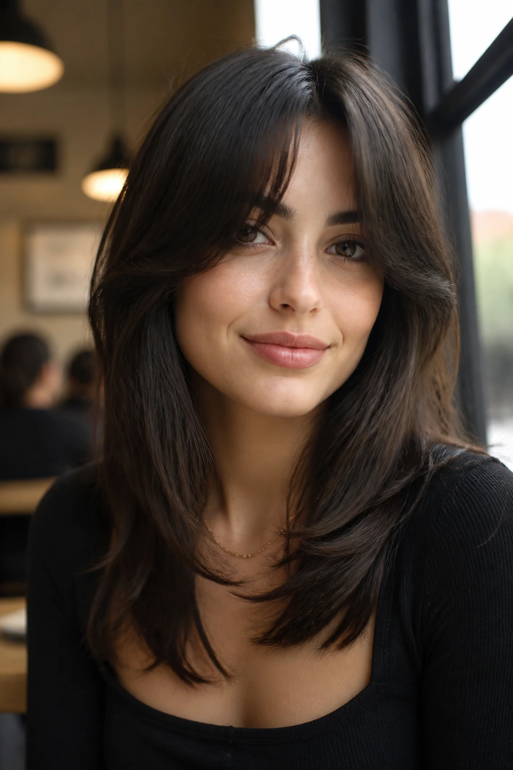 Close-up portrait of a real woman with curved curtain bangs and collarbone-length layers in cafe window light
