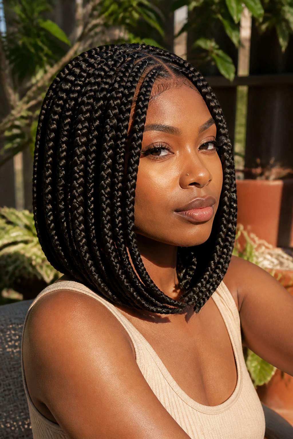 Close-up of curved-end braids with a face-skimming line along the jaw