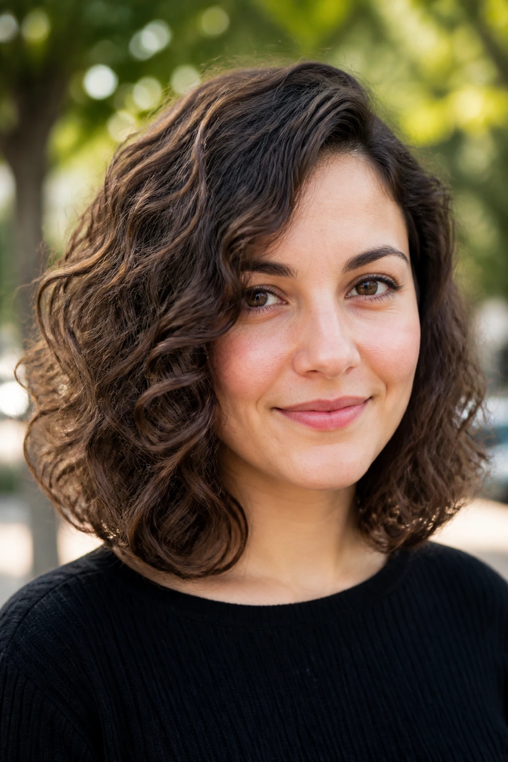 Close-up of curly hair curved ends and side-swept front on a real woman.