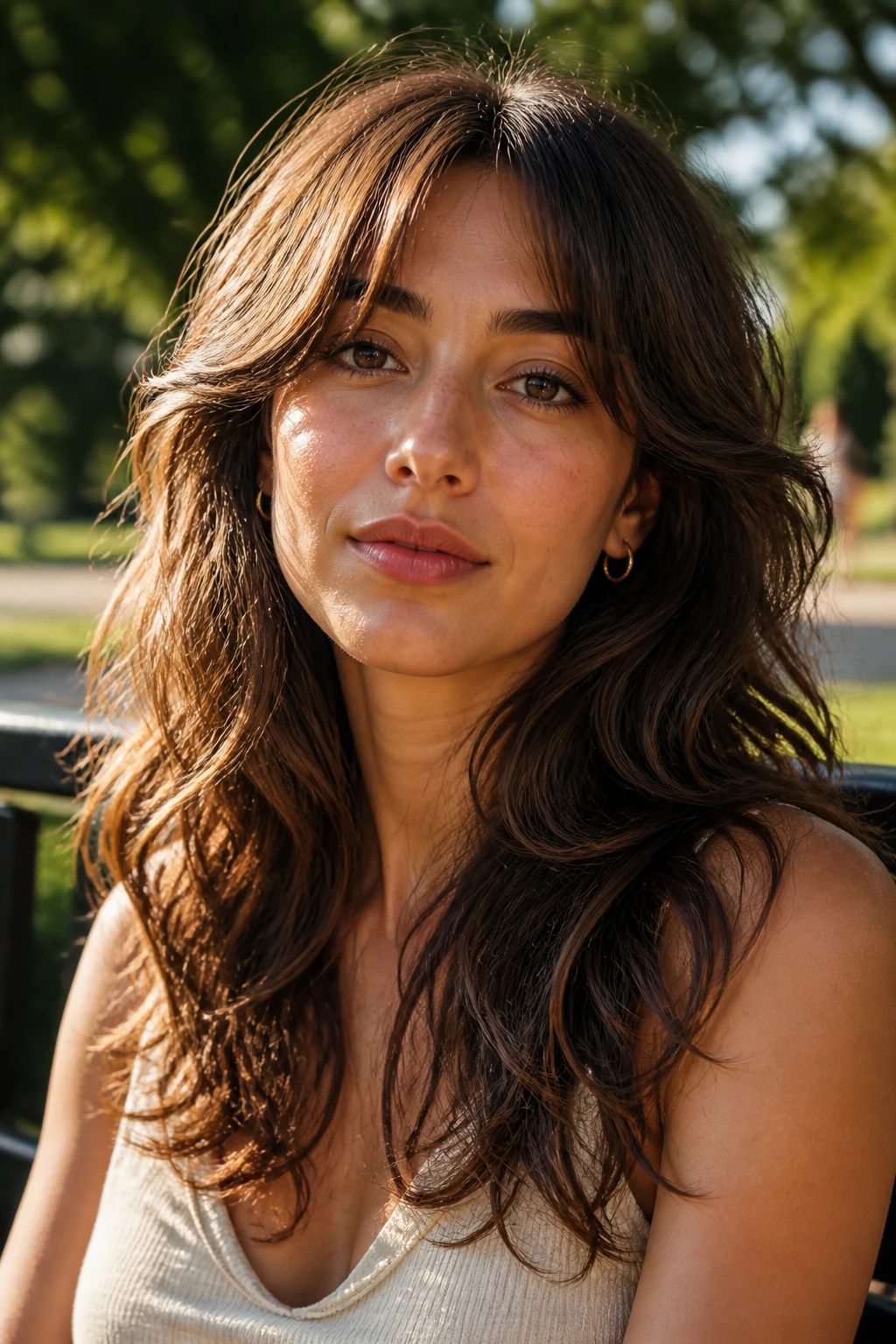 Close-up portrait of a real woman with curved-end shag showing soft curved hems on long waves