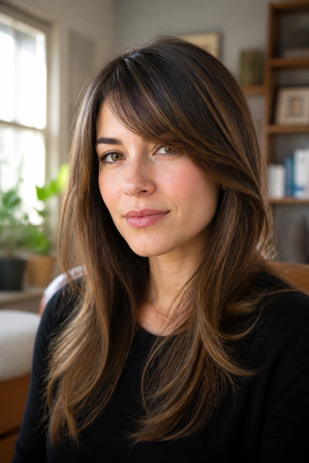 Close-up of a real woman with curved-ends side bangs in warm window light