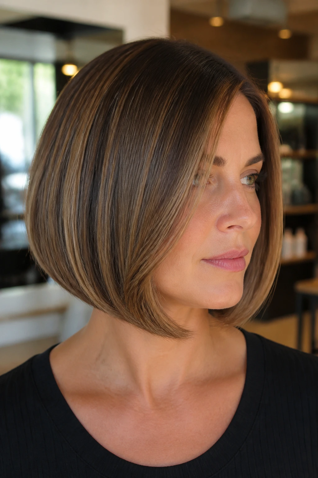 Close-up of a real woman's curved ends inverted bob with inward-curving ends