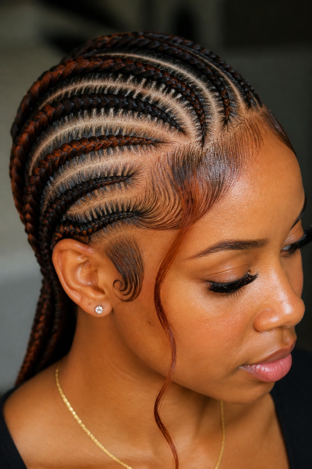 Close-up of Curved Feed-In Cornrows with Auburn Frames on a real person