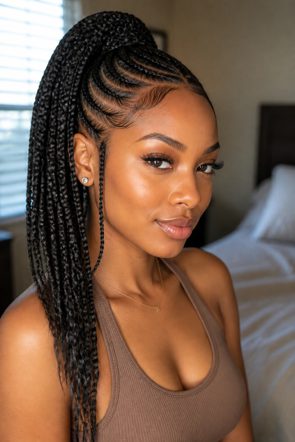 Close-up of a person with a curved feed-in braided ponytail, showcasing curved braiding near the scalp and a long sleek ponytail