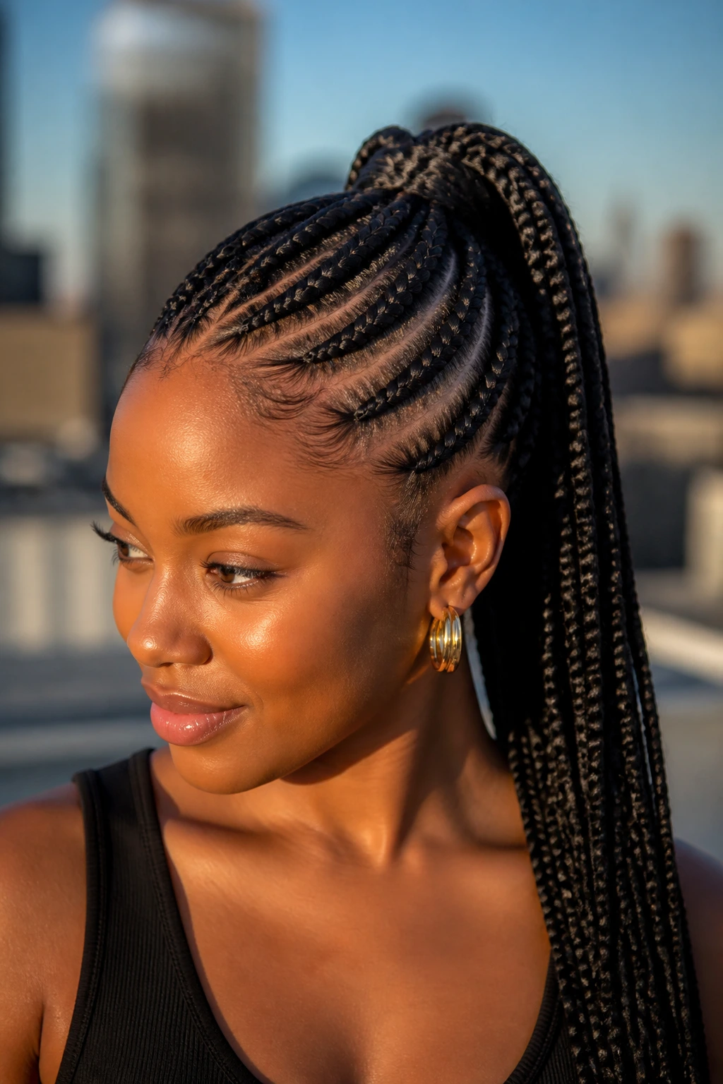 Close-up of curved feed-in braids forming a high ponytail on a real woman