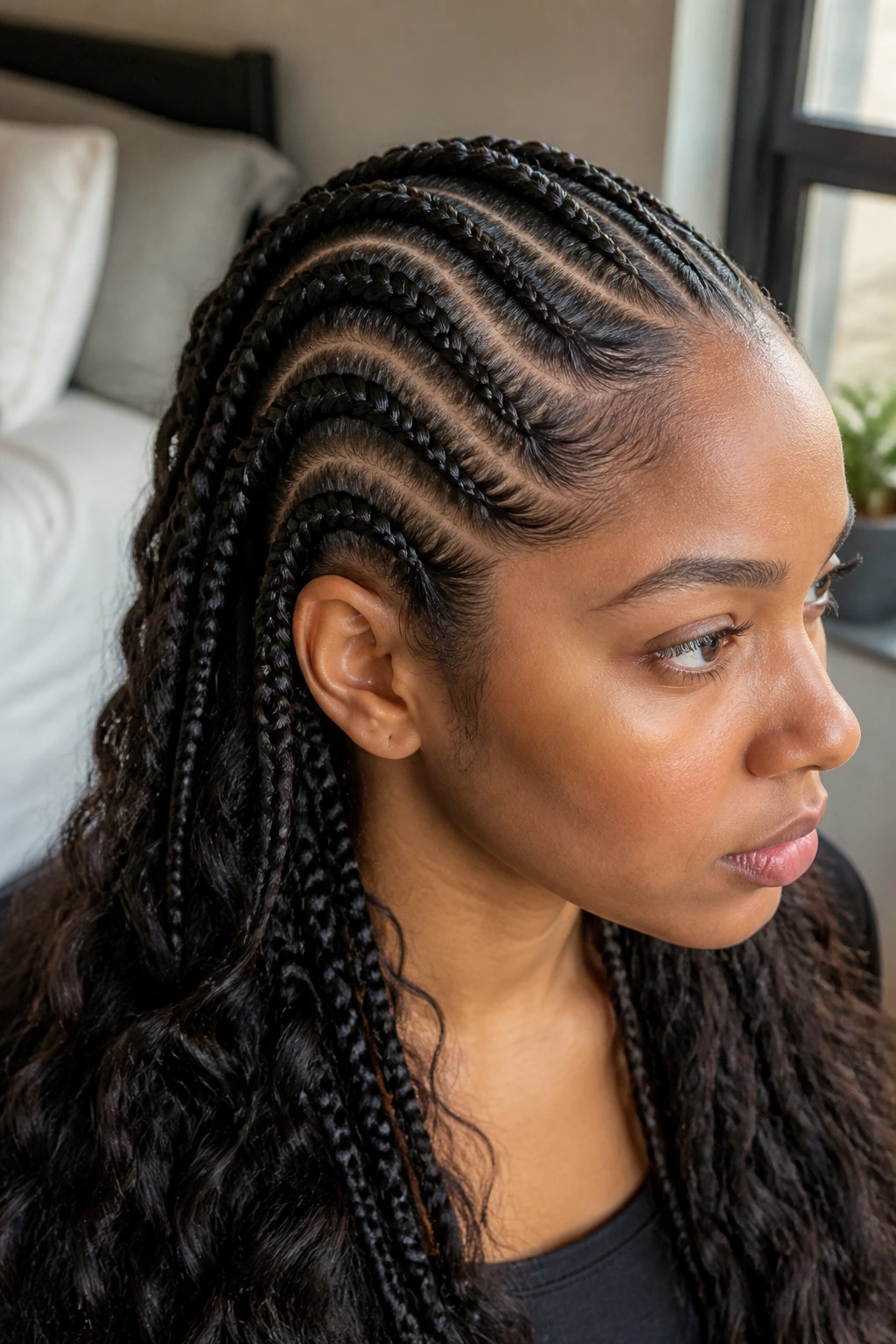 Real person with curved feed-in braids in profile