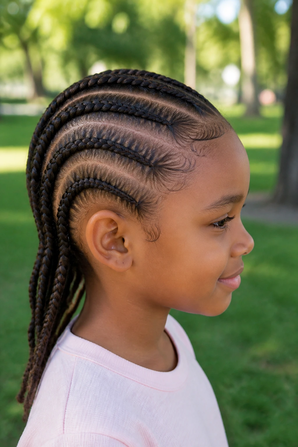 Side profile of child hairstyle curved feed-in rows hugging head