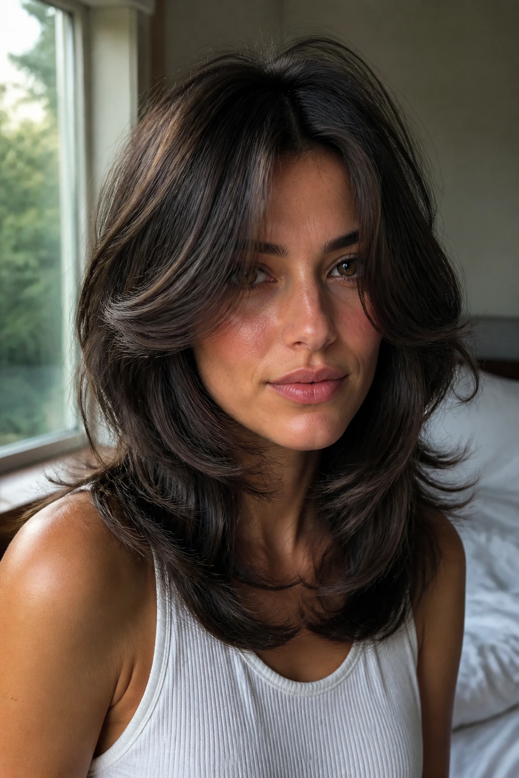 Close-up portrait of a real woman with a curved-frame shag framing the face