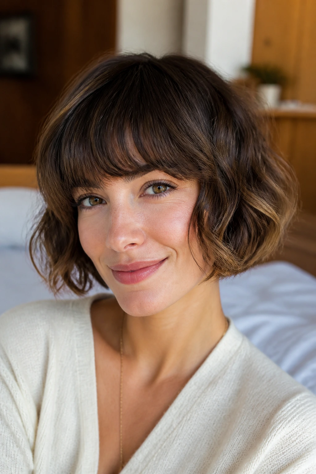 Close-up portrait of a real woman with a curved fringe bob on wavy hair, fringe curves along the brow.