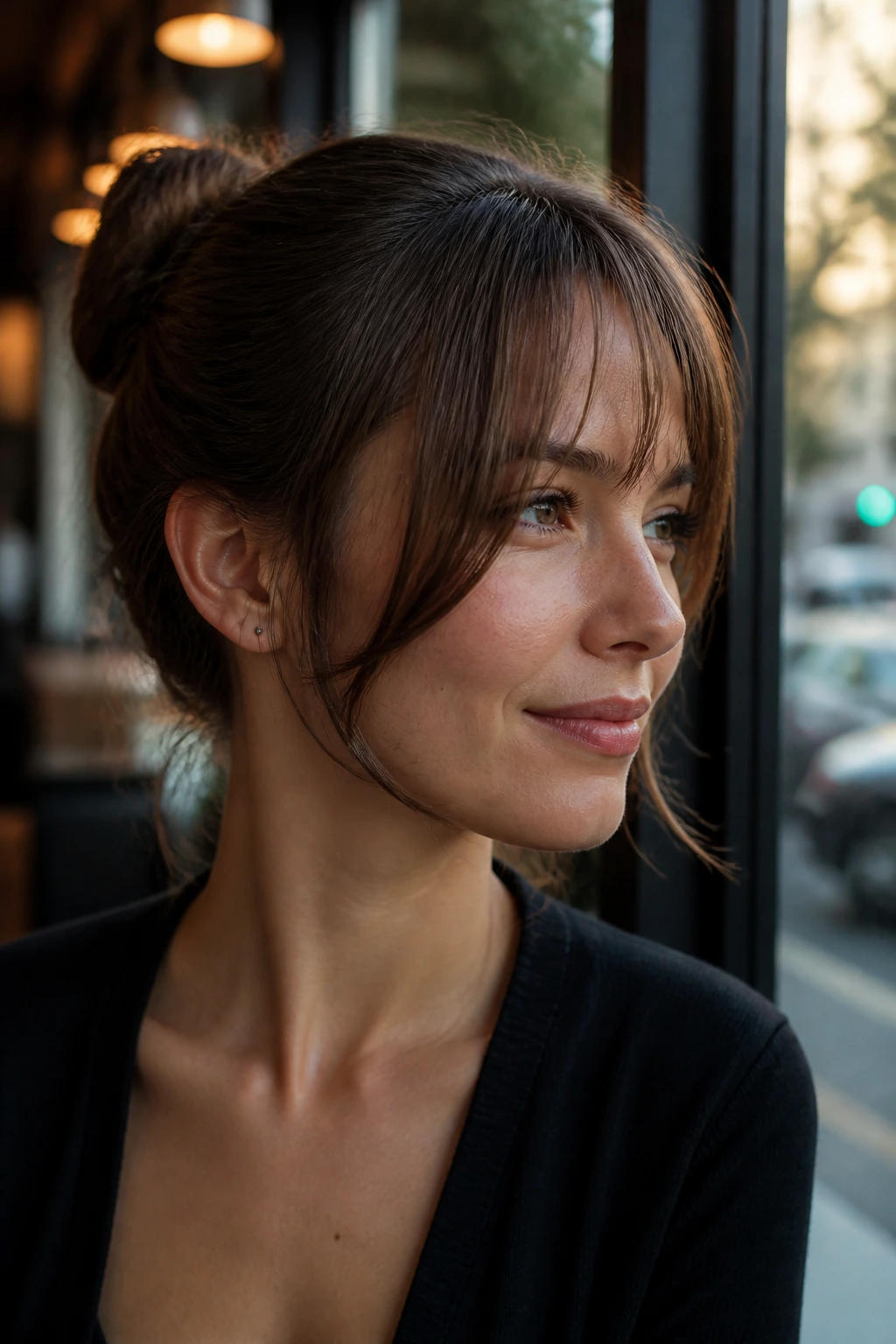 Close-up of curved fringe hugging the cheekbone on a real woman