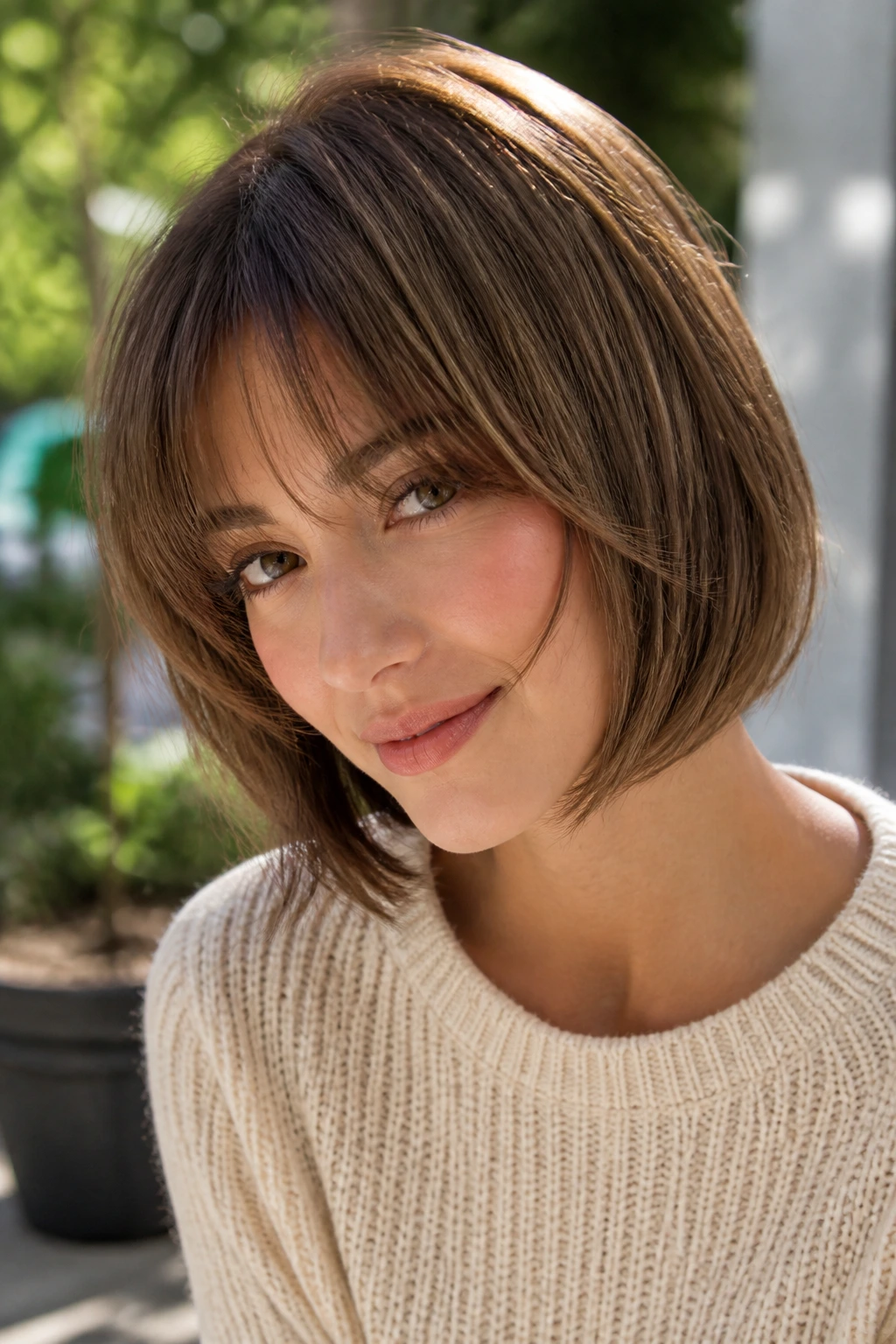 Real person wearing a curved fringe that frames the cheekbones.