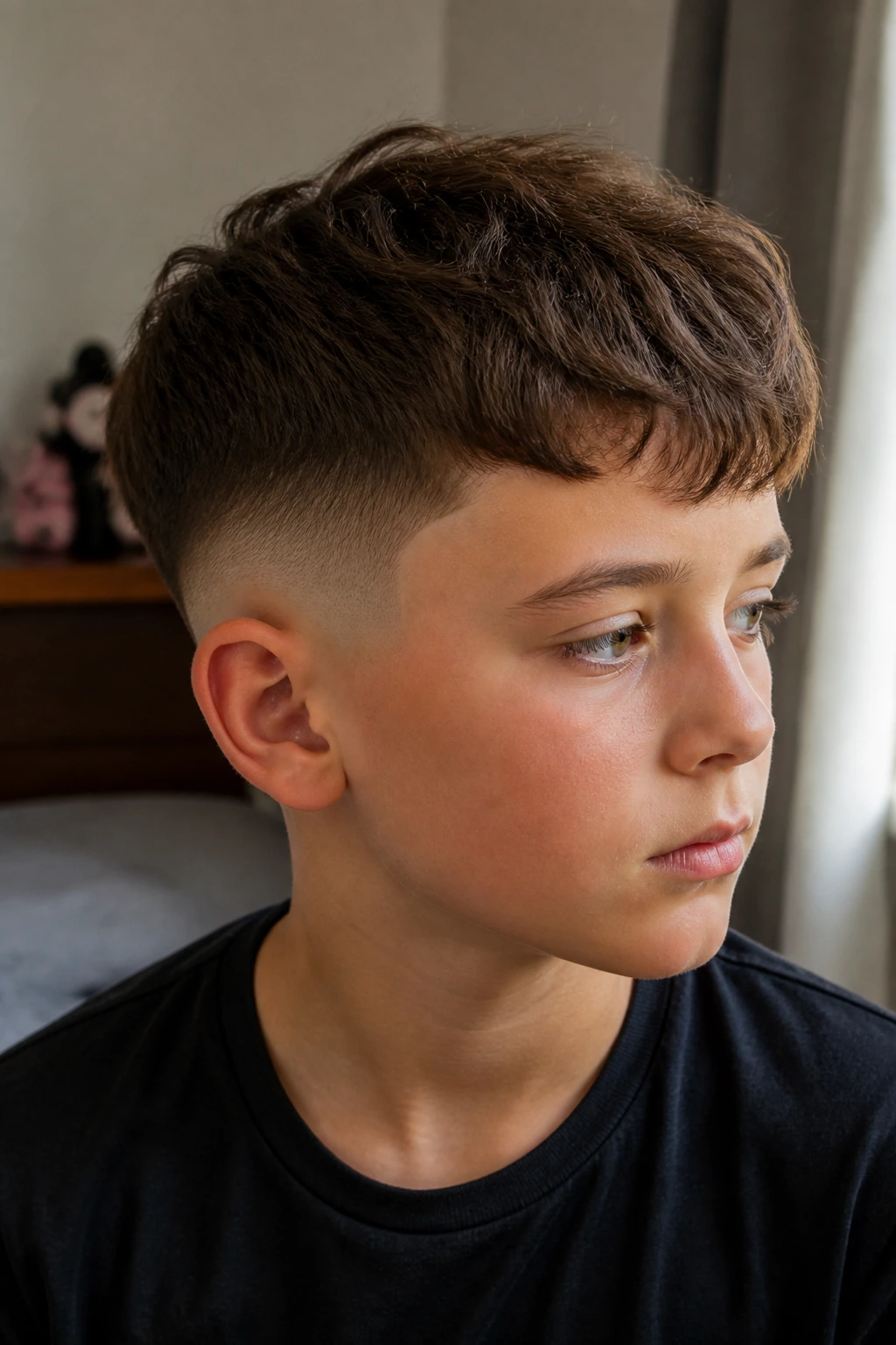 Close-up of a real boy with curved fringe and drop fade in warm indoor light
