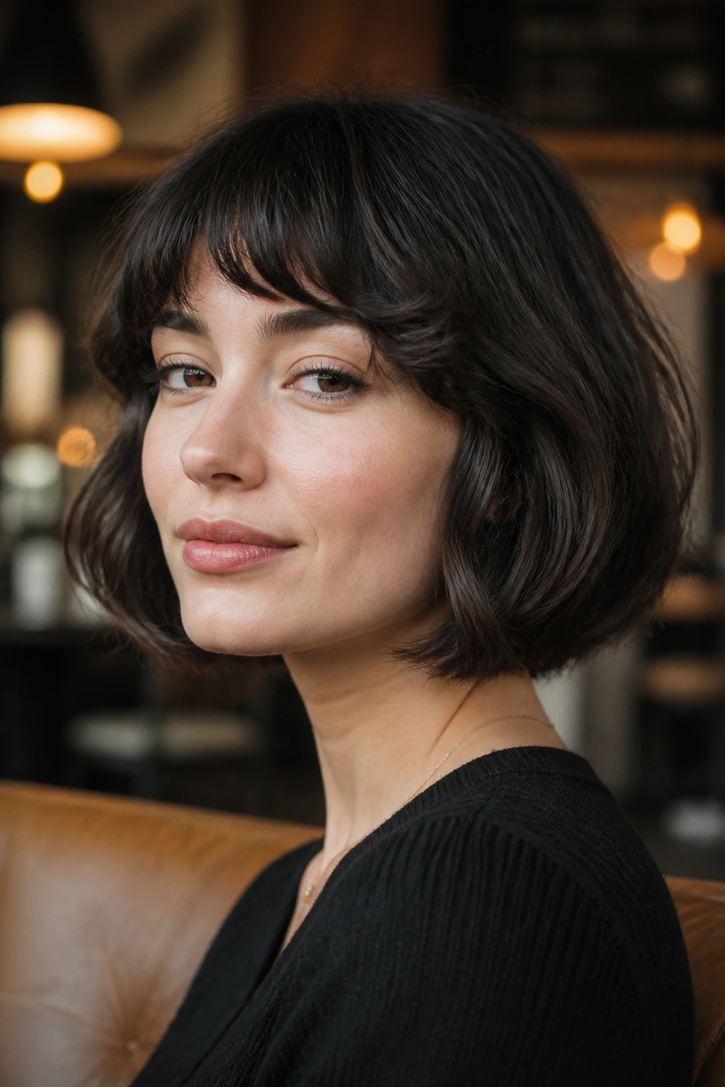Close-up of a real woman with curved fringe on a French bob