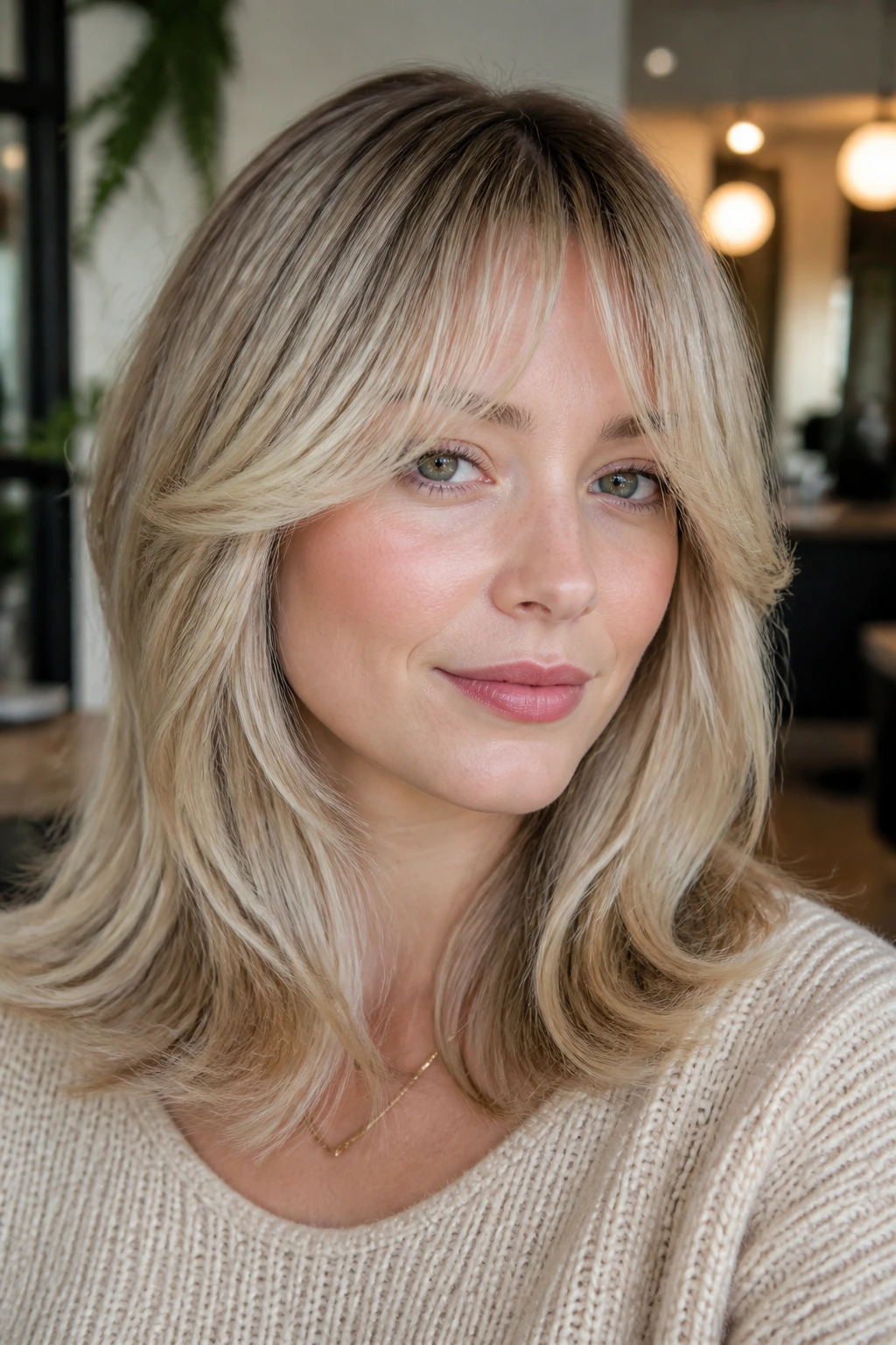 Real woman with curved fringe in frosted champagne shade.