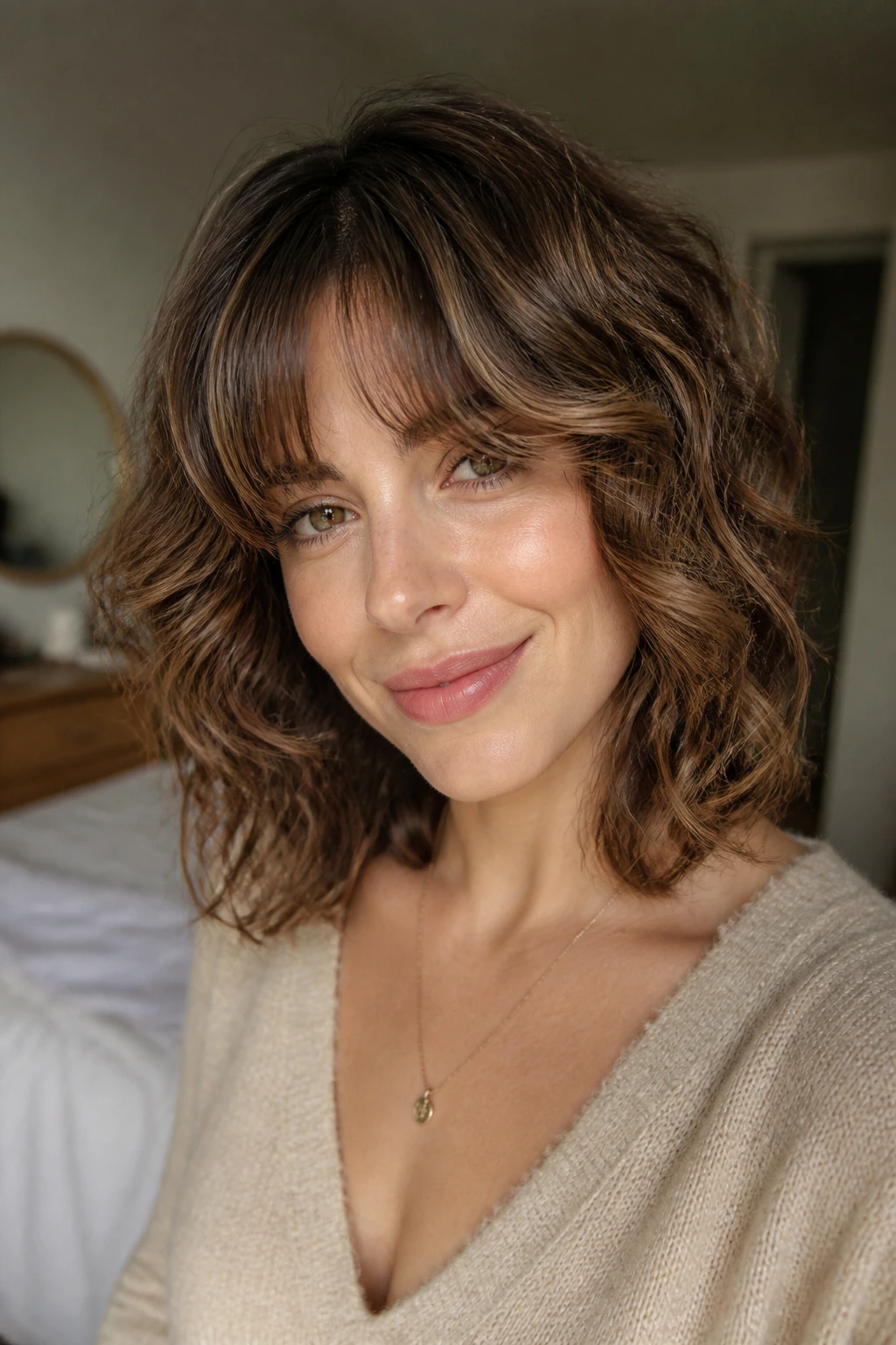 Close-up portrait of a woman with a curved fringe lob and loose curls in warm window light