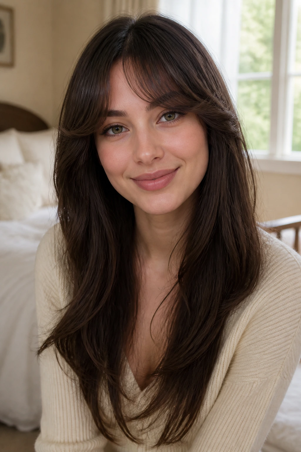 Close-up of a real woman with a curved fringe and soft bend