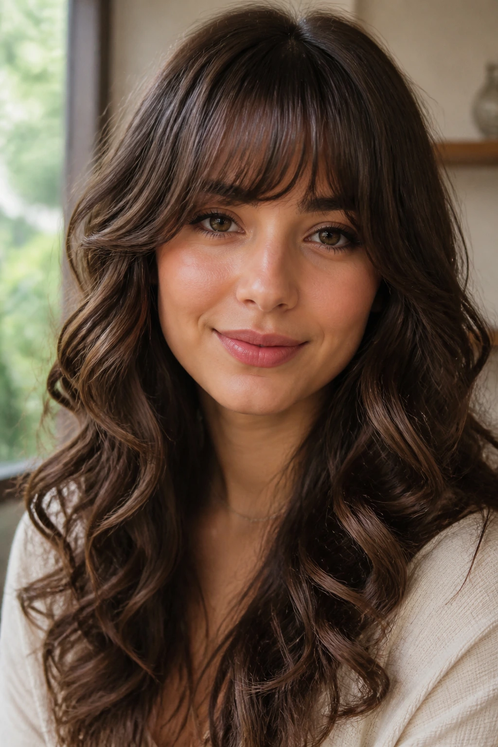 Close-up of a woman with curved full fringe and loose spiral curls