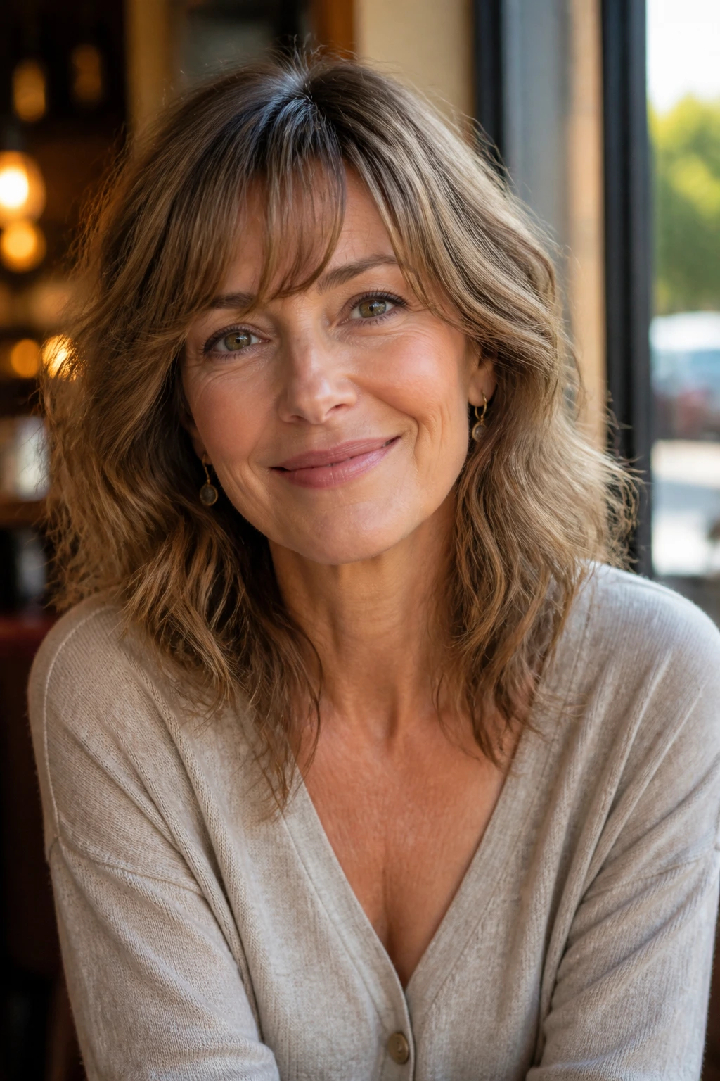 Close-up of a real woman with curved fringe on wavy fine hair at a cafe window