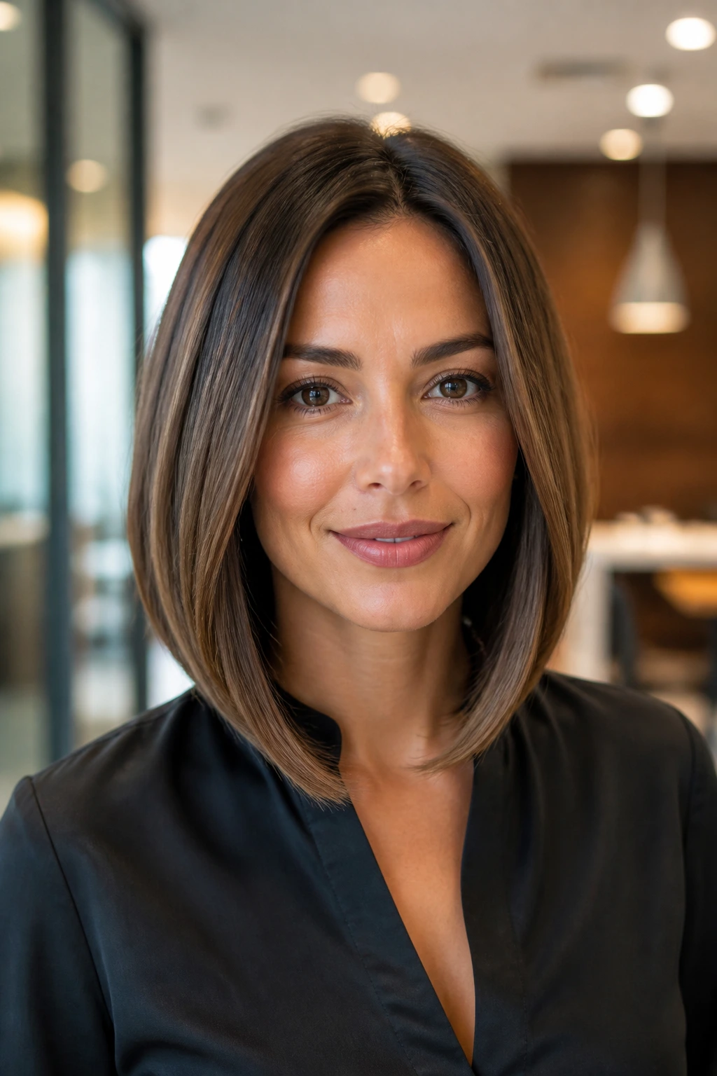 Portrait of a real woman with curved-front lob and sculpted sides, highlighting the facial framing