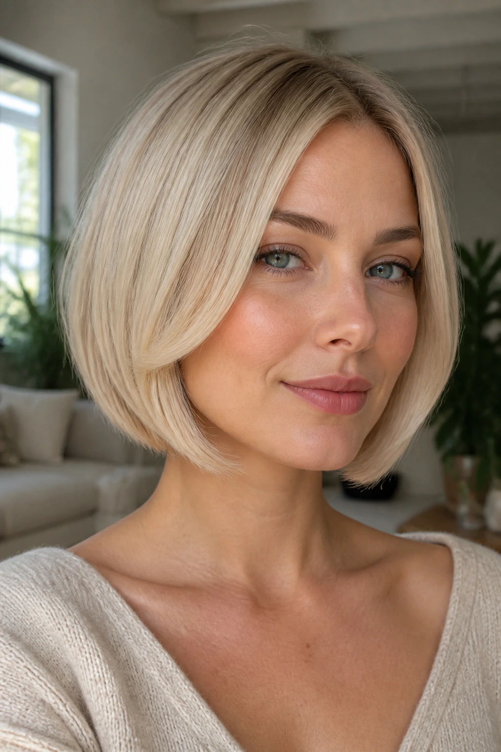 Close-up portrait of a real woman with cheekbone-length curved front pieces on pale beige blonde hair