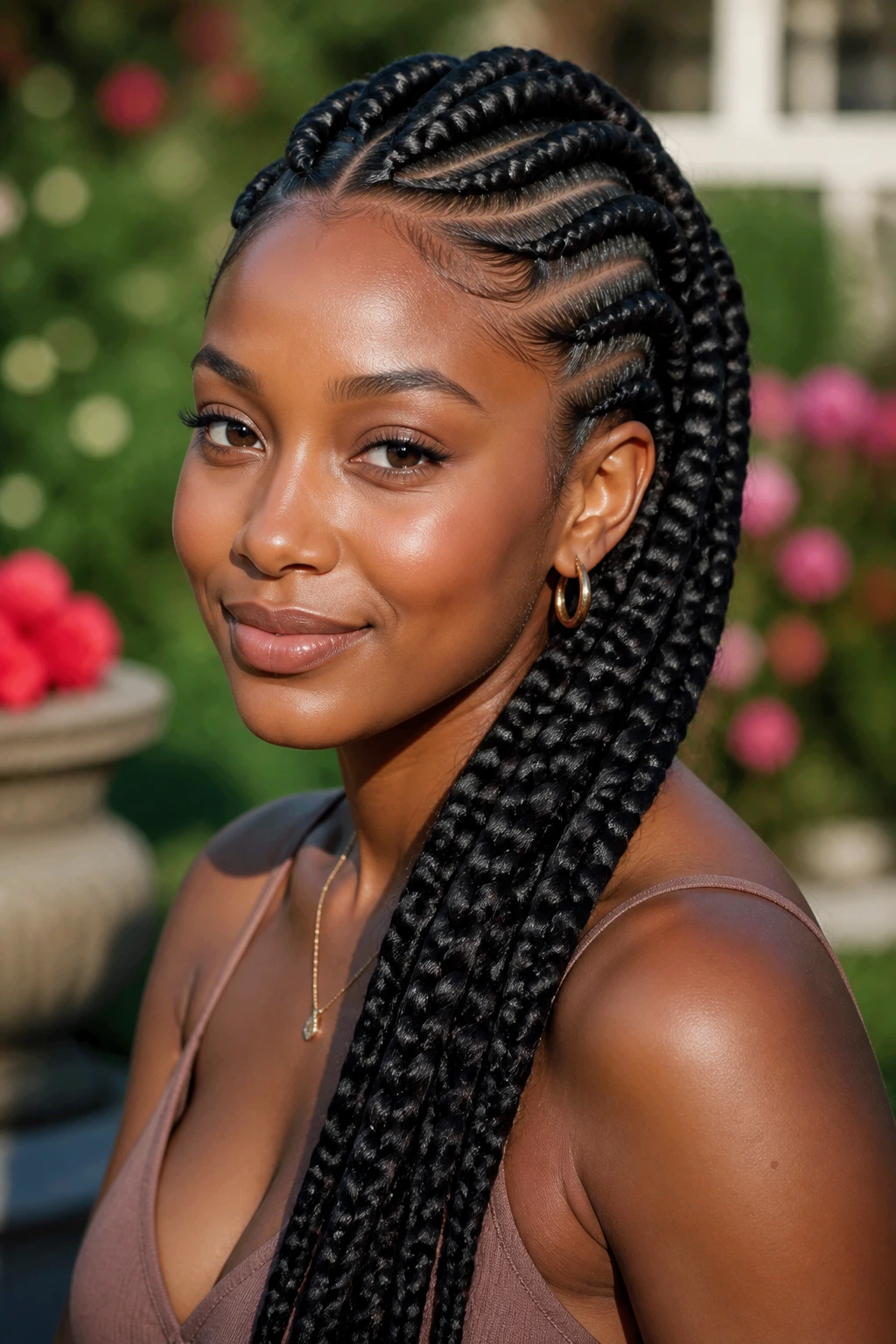 Medium close-up of a real person with curved goddess braids and long extensions in golden hour light.