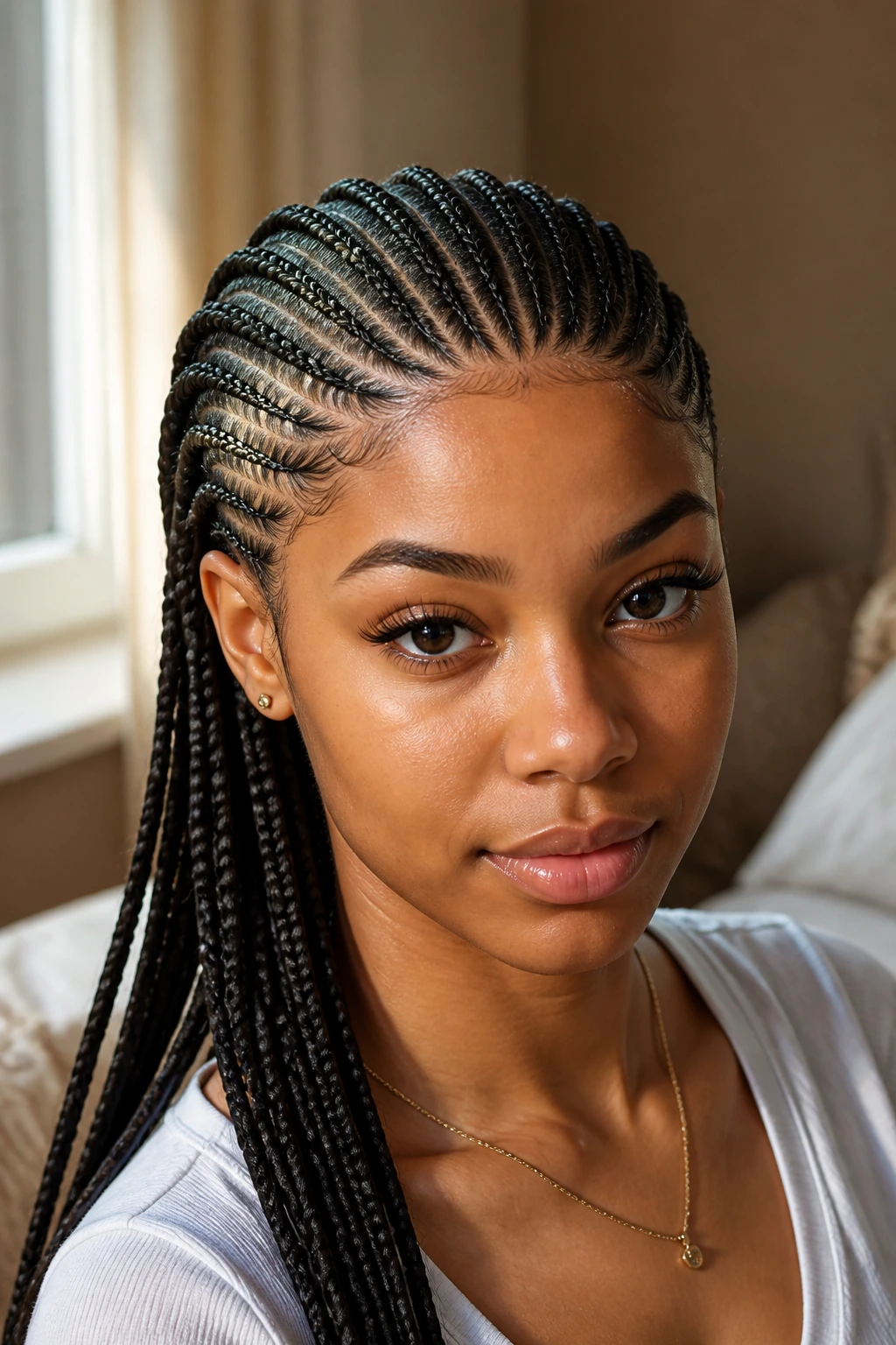 Close-up of a real woman with curved corners straight-back cornrows at hairline