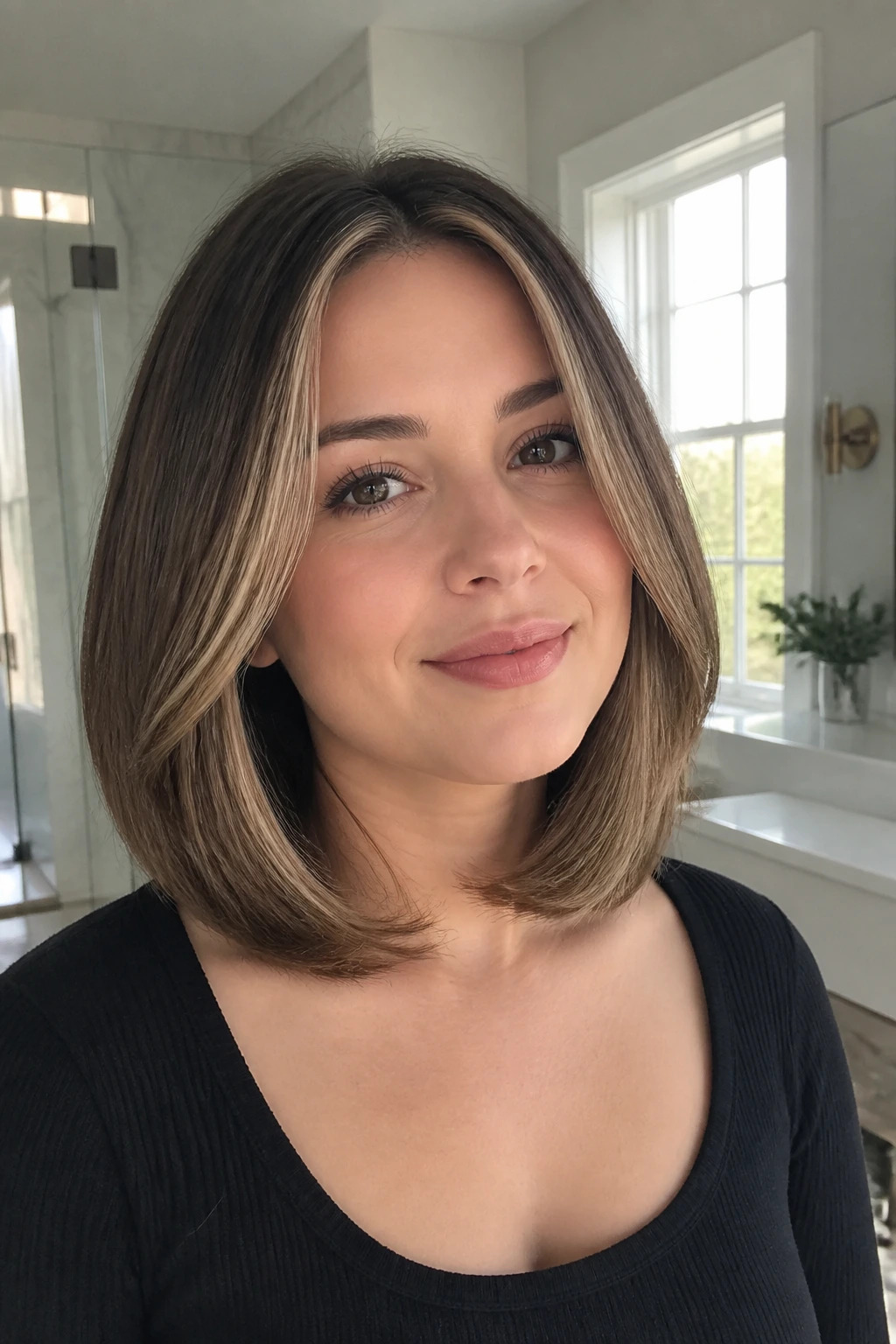 Close-up portrait of a real woman with curved-in blowout lob
