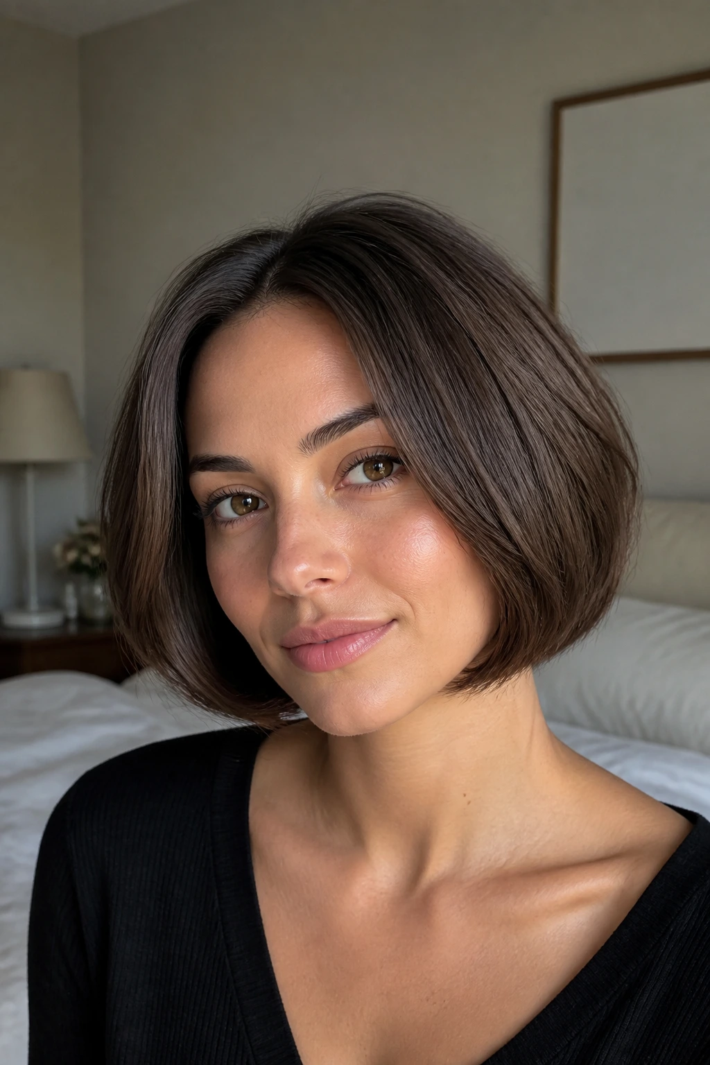 Close-up portrait of a woman with curved-in bob hugging the jawline