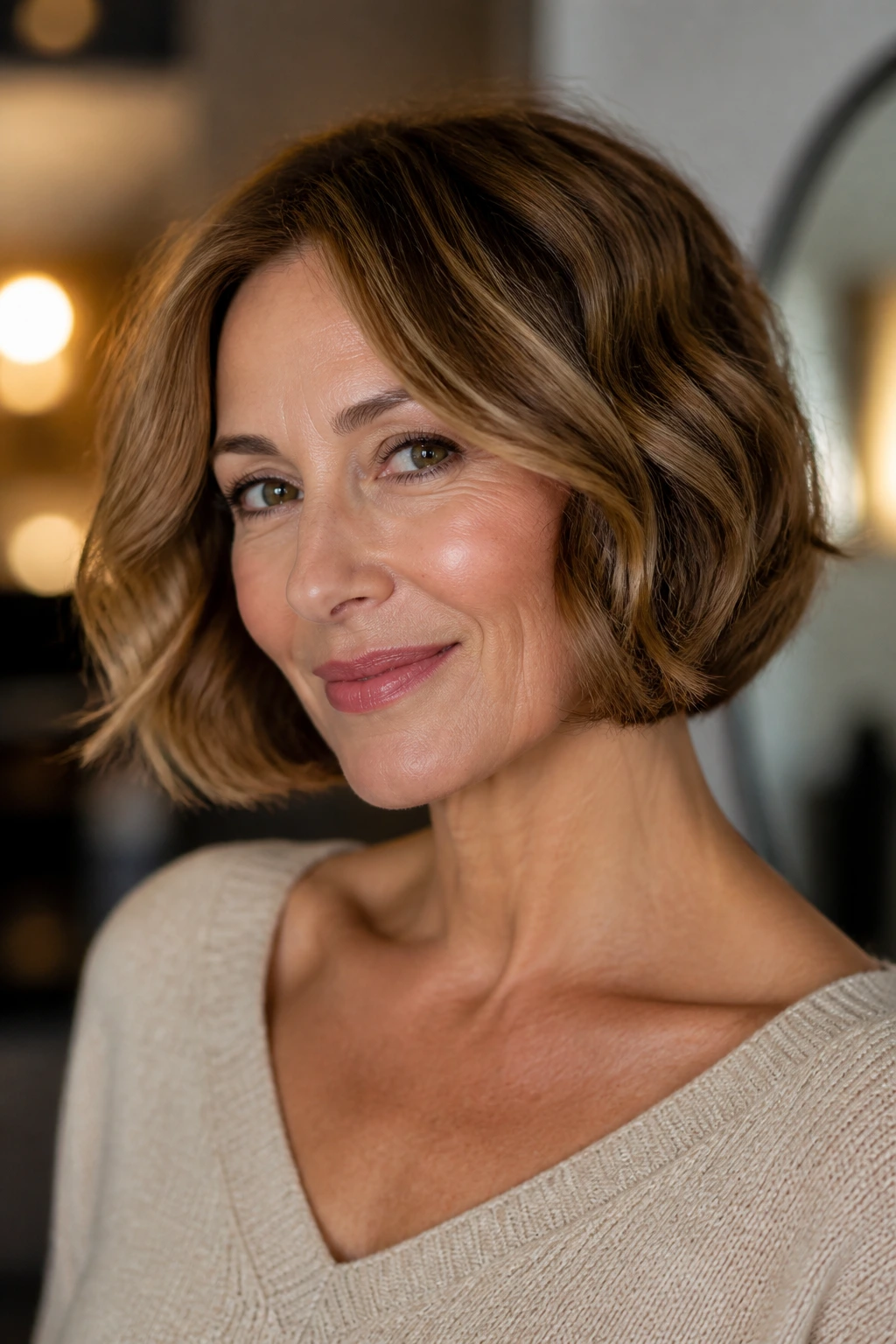 Real woman's curved-in bob hugging the jawline