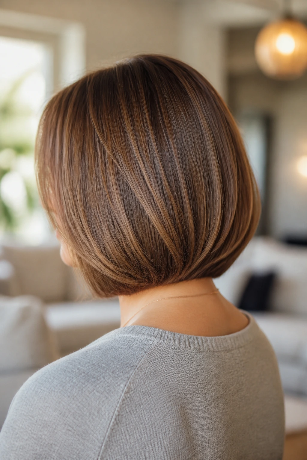 Back view of a real woman with a curved-in bob and polished ends, ends bending inward at the nape.