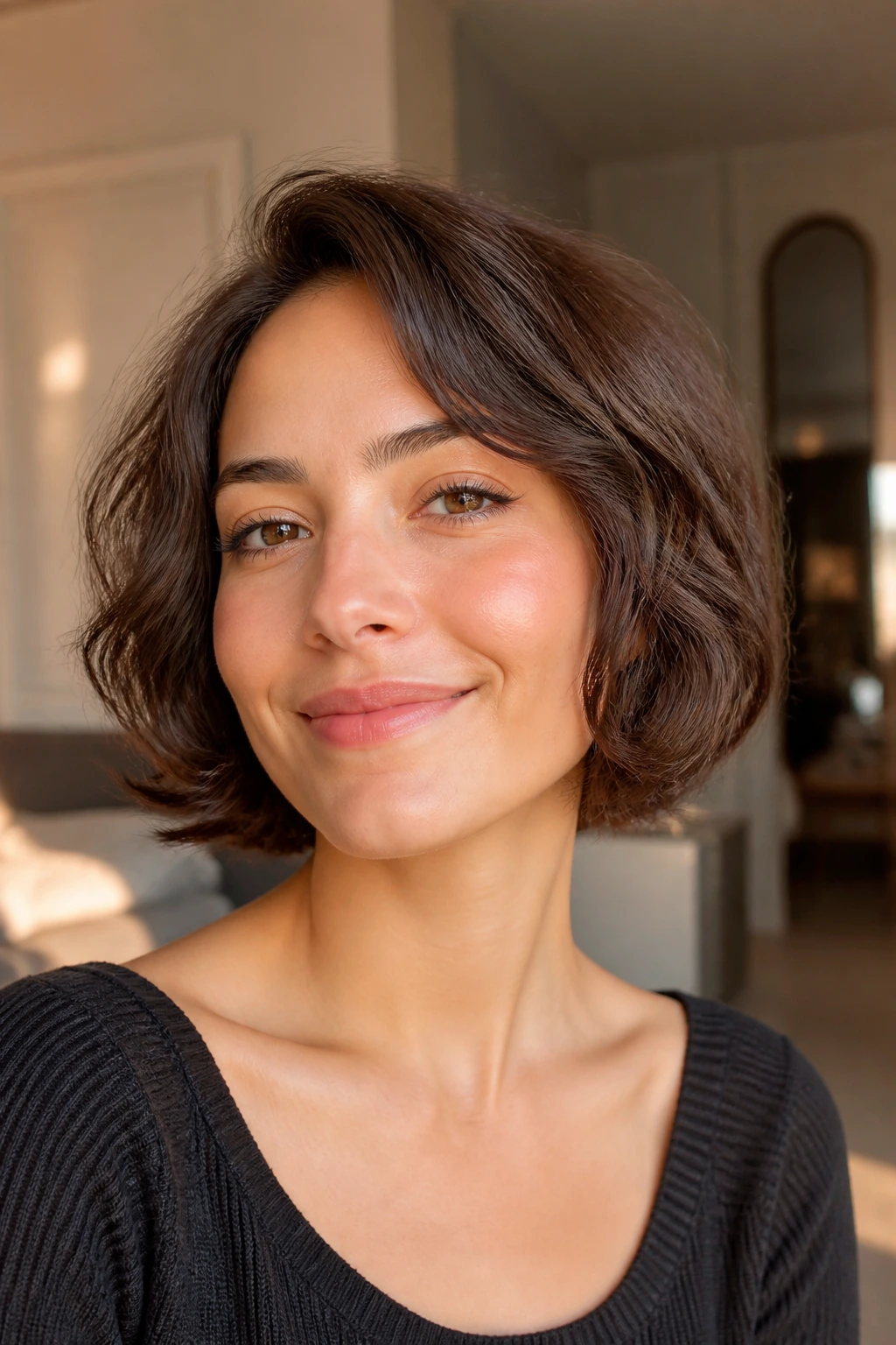 Real woman wearing a curved-in bob with tucked sides.