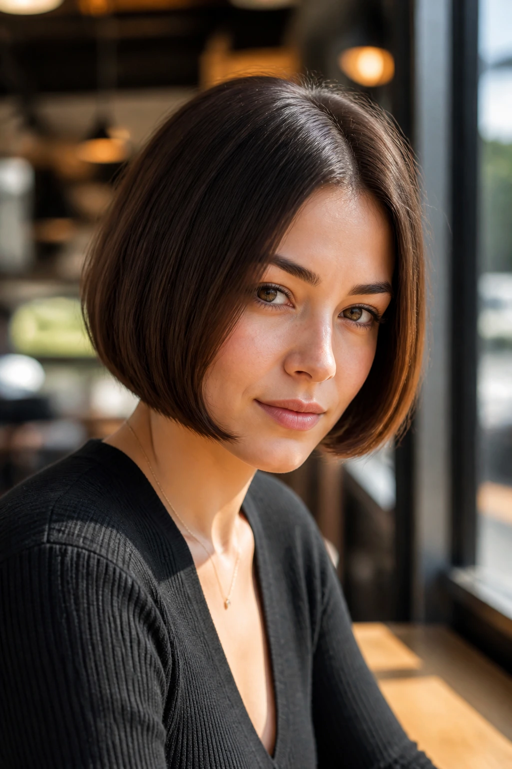 Close-up portrait of a real woman with Curved-In Micro Bob hugging the jawline