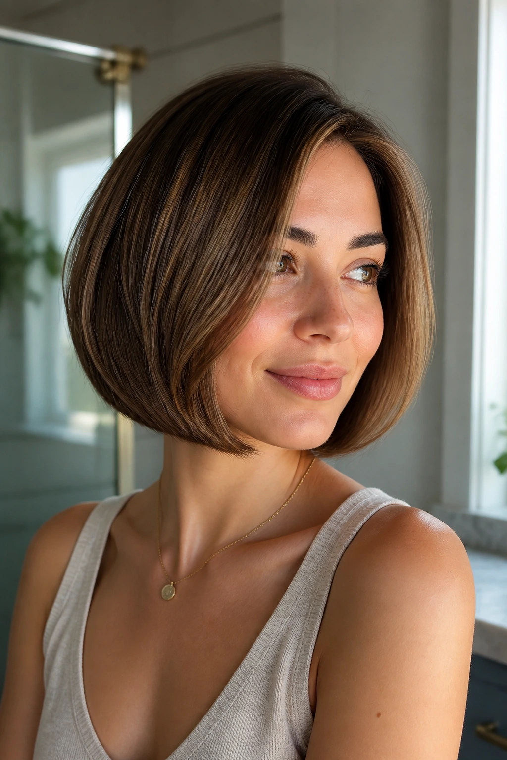 Real woman with curved-in round-brush bob, inward-curved ends