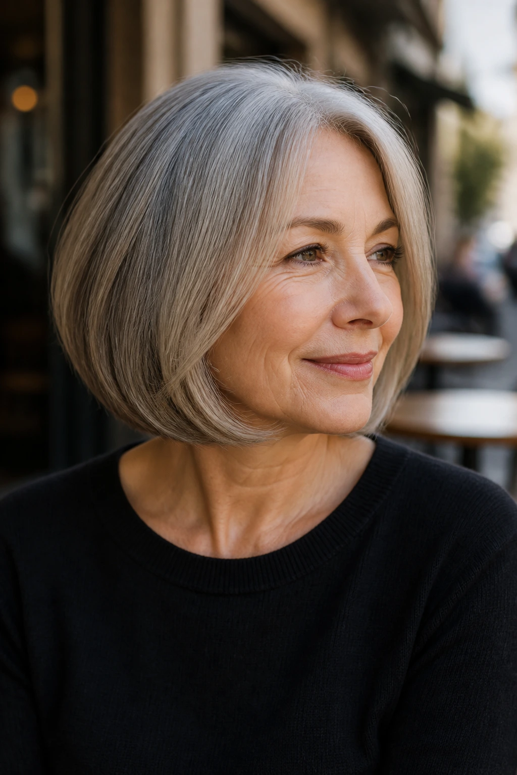 Portrait of a real woman with a curved-in rounded bob in outdoor daylight