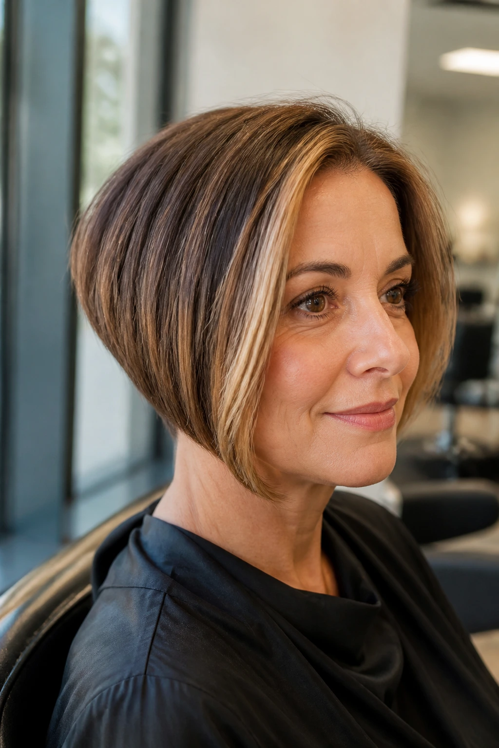 Close-up portrait of a real woman with curved inverted bob and caramel face-framing highlights