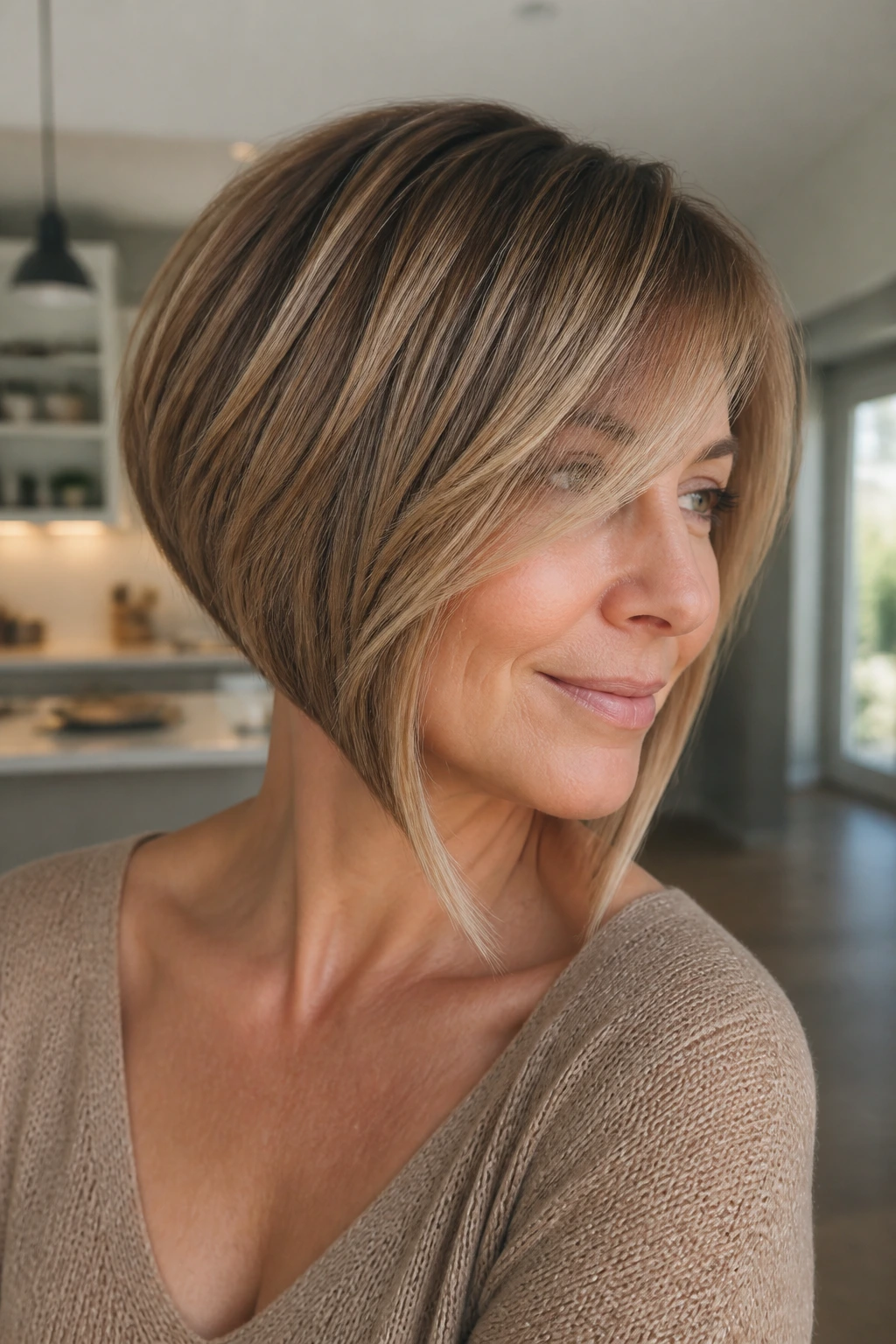 Close-up of real woman with curved inverted bob and long front pieces