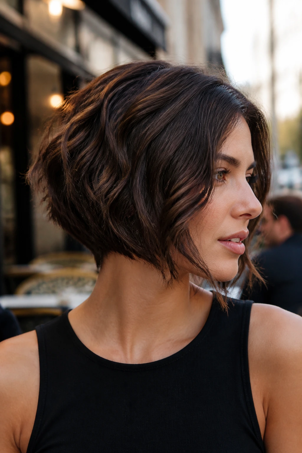 Close-up portrait of a real woman with curved inverted bob and soft waves