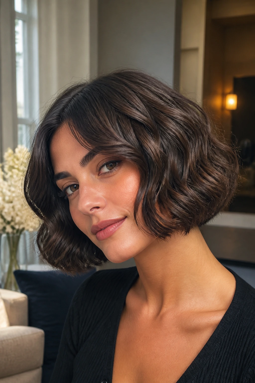 Close-up of a real woman with a curved Italian bob