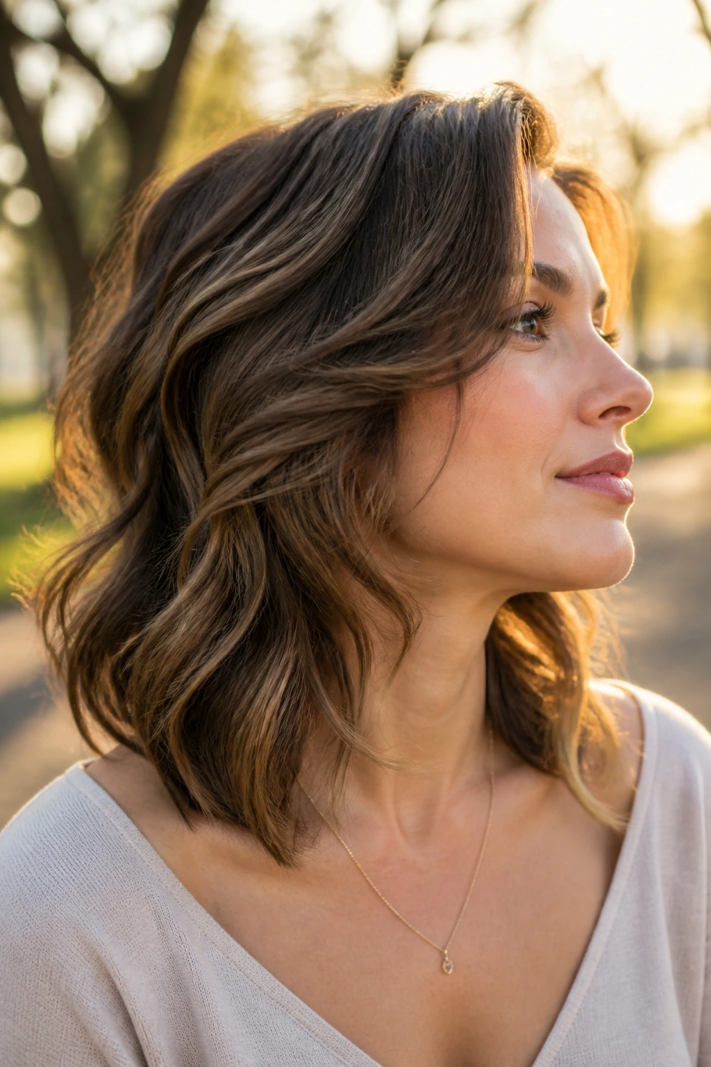 Profile portrait of a real woman with curved jawline layers enhancing facial contour in medium wavy hair