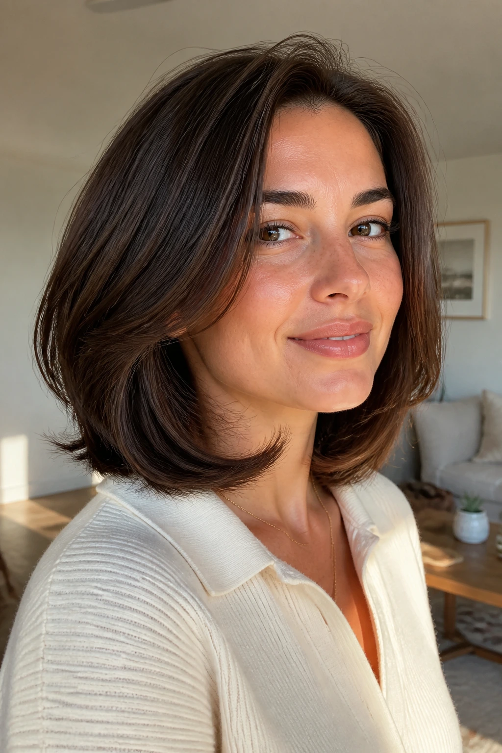 Real woman with curved layers tucked at the jaw in bright home setting