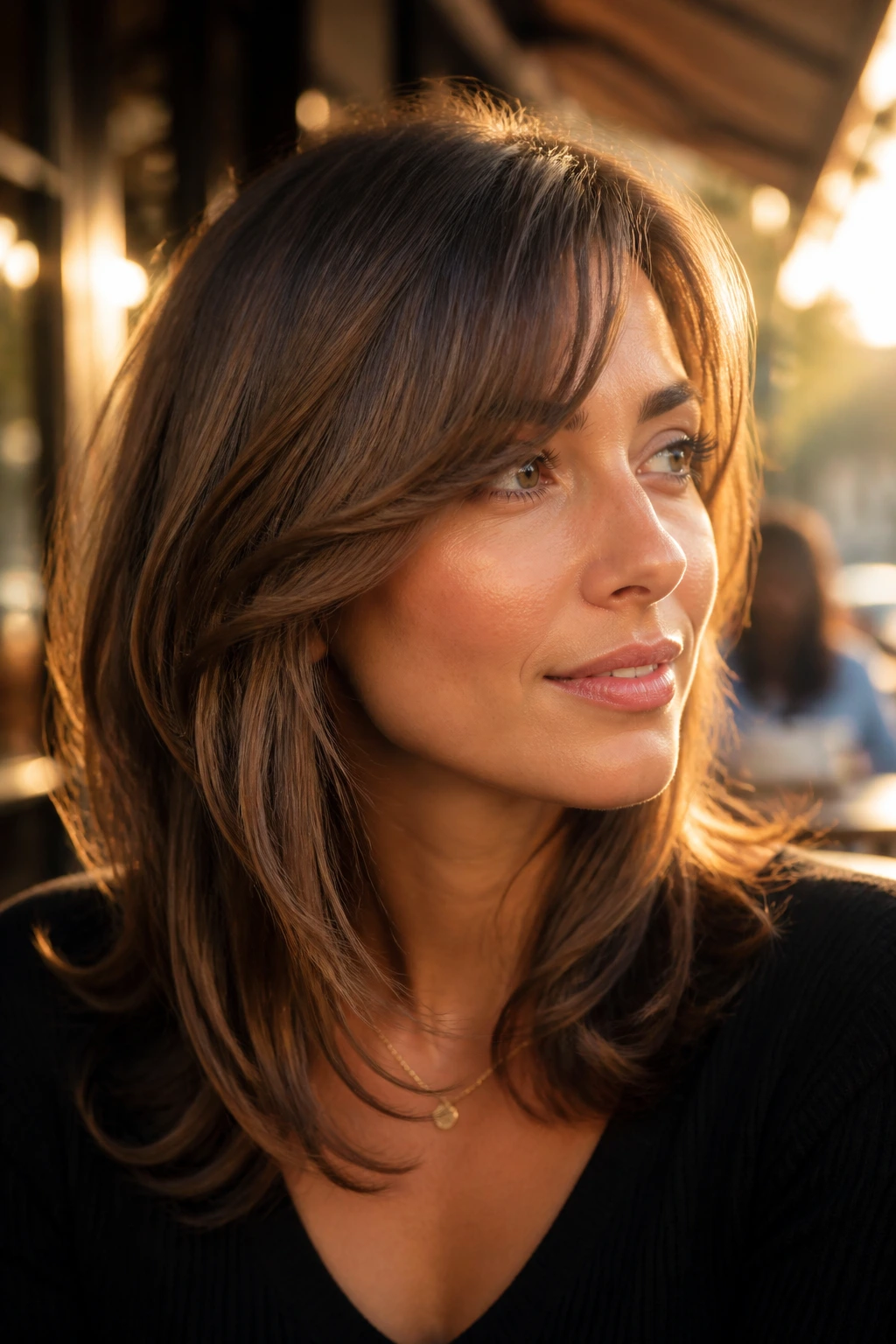 Portrait of a woman with curved layers and side-swept bangs at an outdoor cafe during golden hour