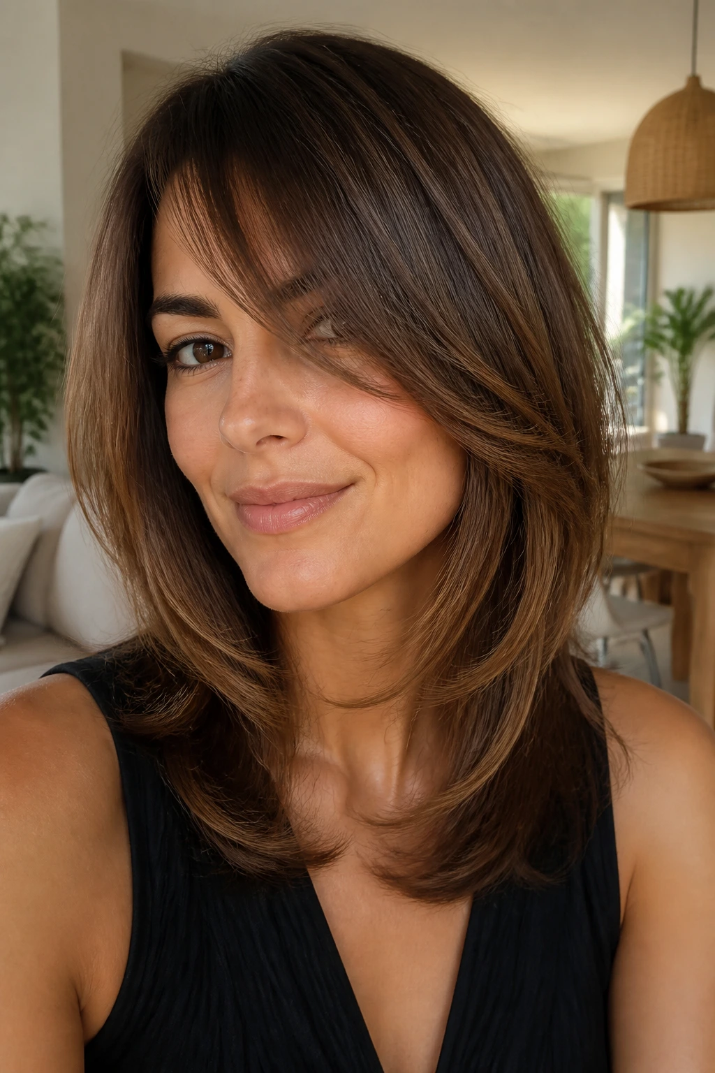 Close-up portrait of a person with curved layers and side-pivot fringe