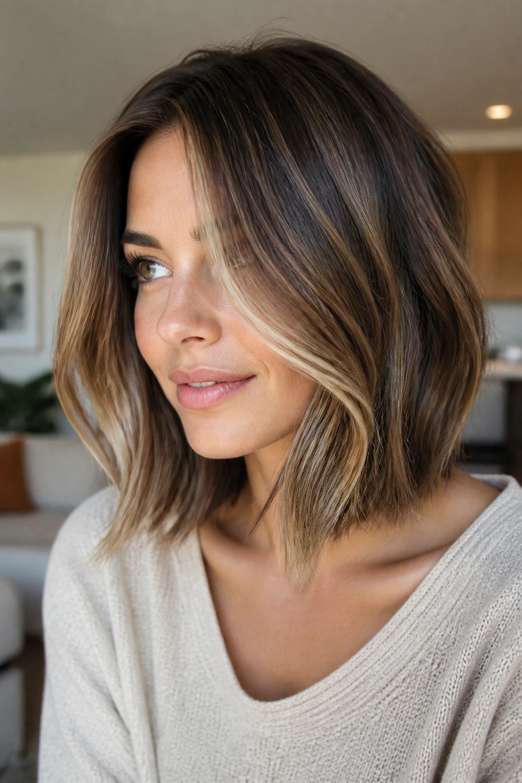 Close-up of a real person with curved lob and internal layers