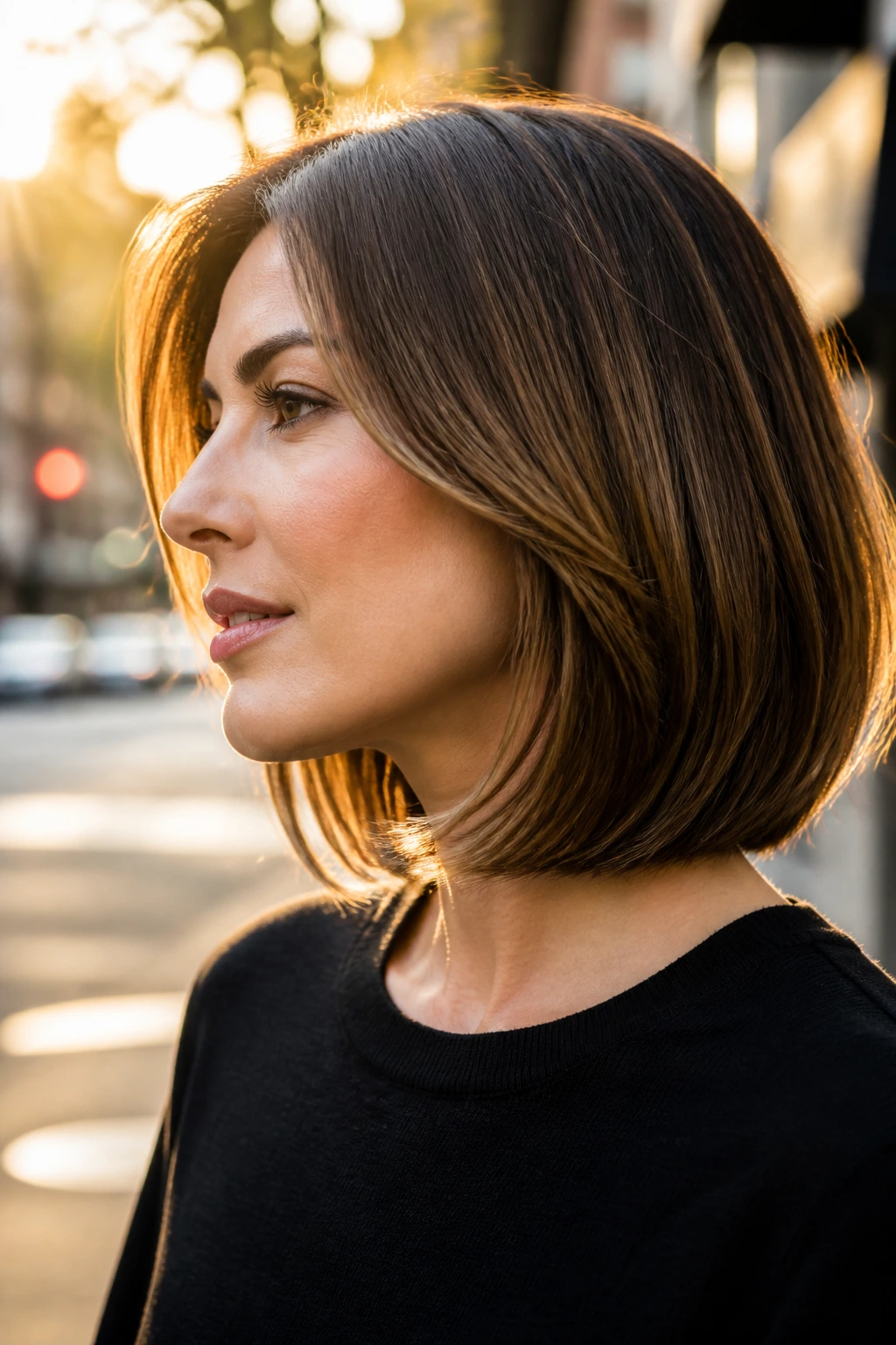 Profile of a real woman with a curved lob hugging the jawline outdoors at golden hour