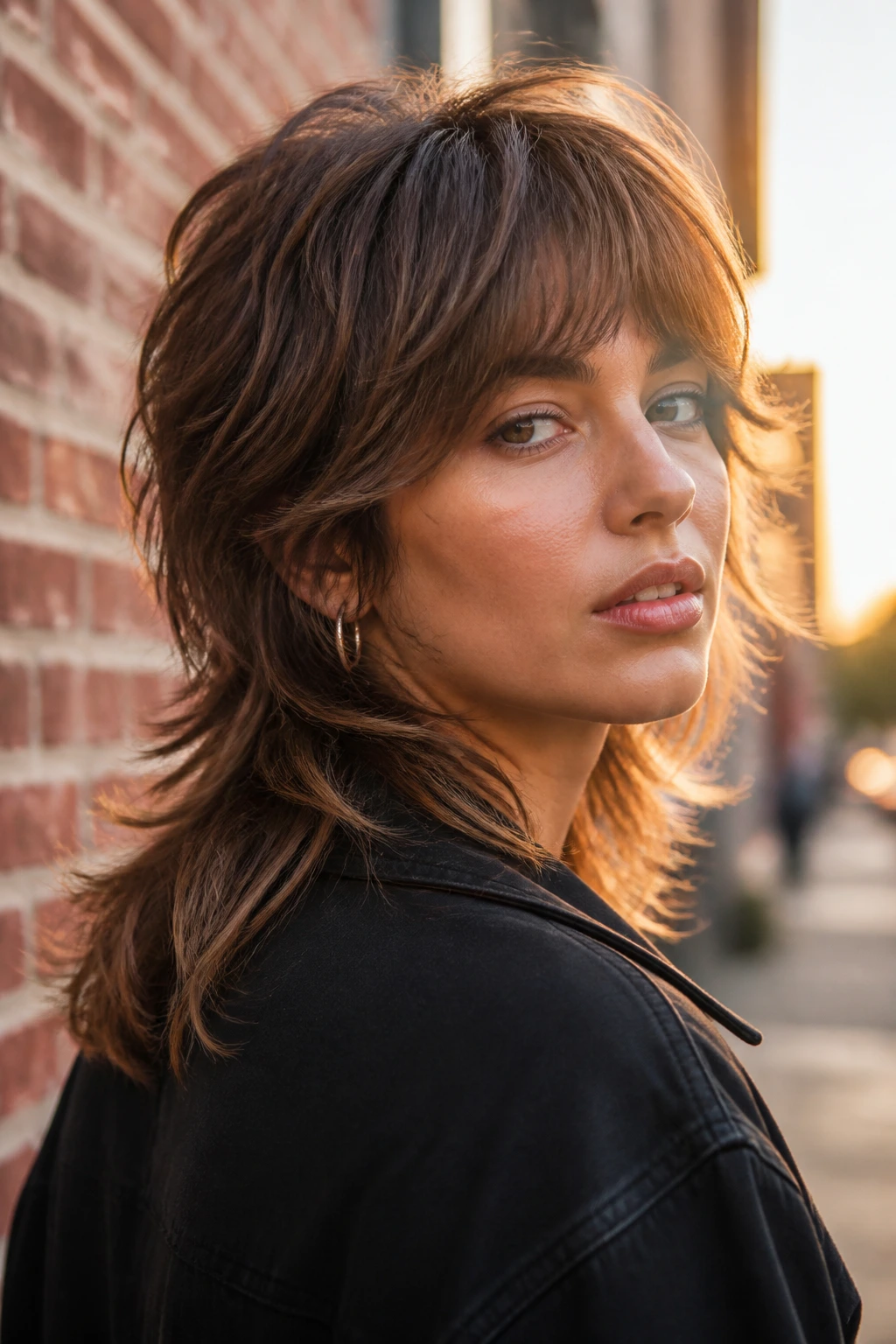 Portrait of a real person with curved mullet shag showing front and back length