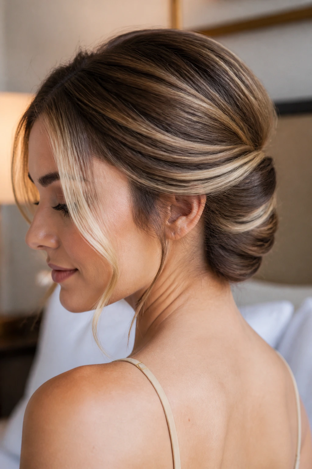 Close-up of curved nape roll with front money-piece highlights framing the face
